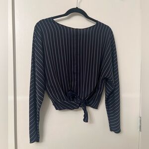 Babaton Navy Pinstripe Tie‑Front Blouse – Size Medium